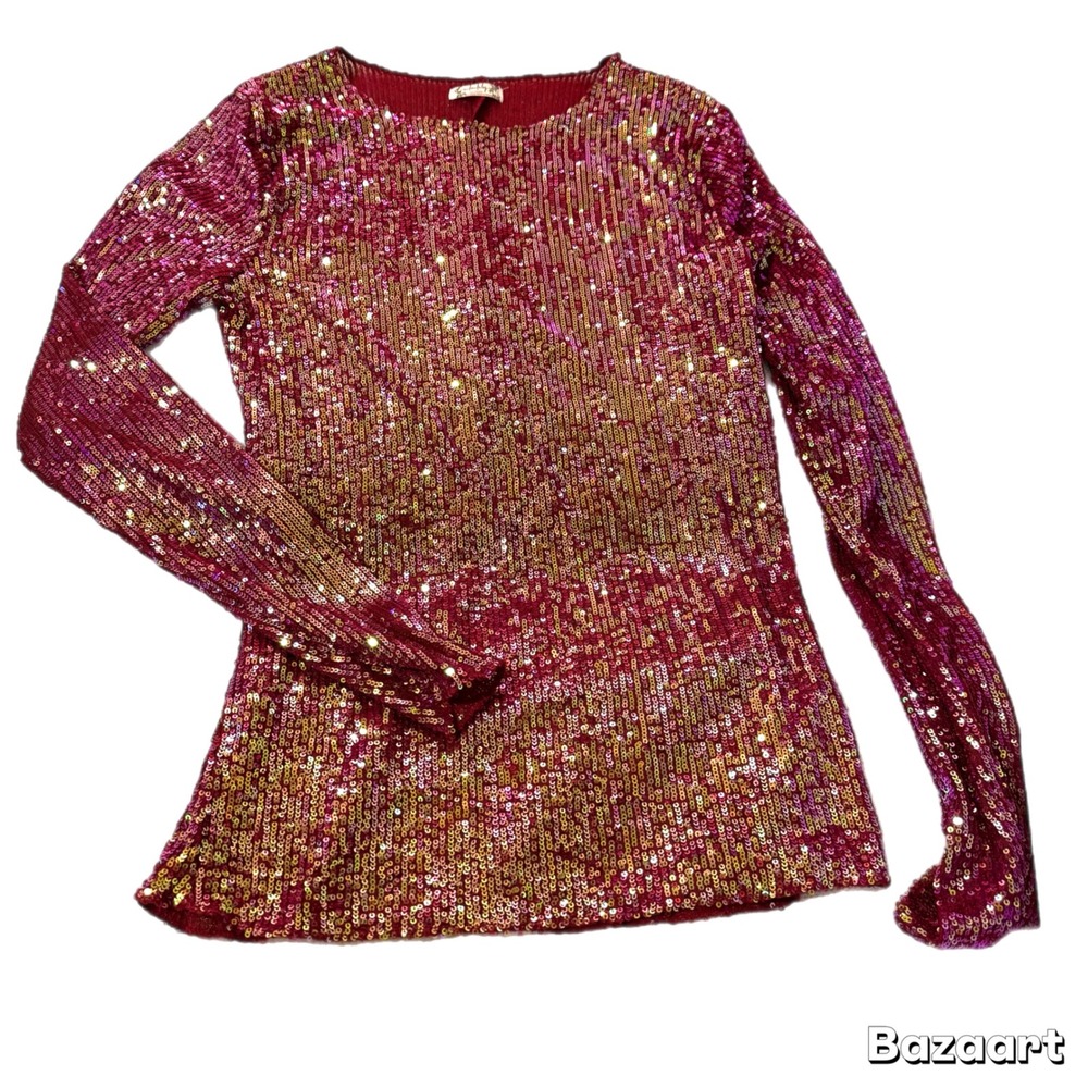Free People Gold Rush Wine Long Sleeve Sequin Sparkle Top Blouse Shirt Medium - Picture 4 of 8